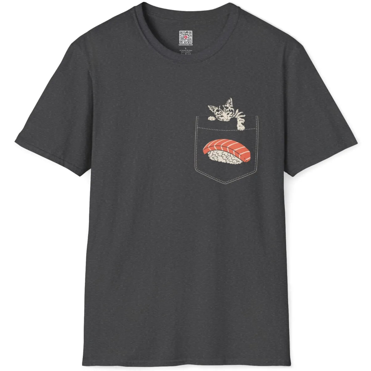 Dark heather shirt flatlay with hand-drawn gray kitten and orange salmon nigiri sushi in dashed stitch pocket.