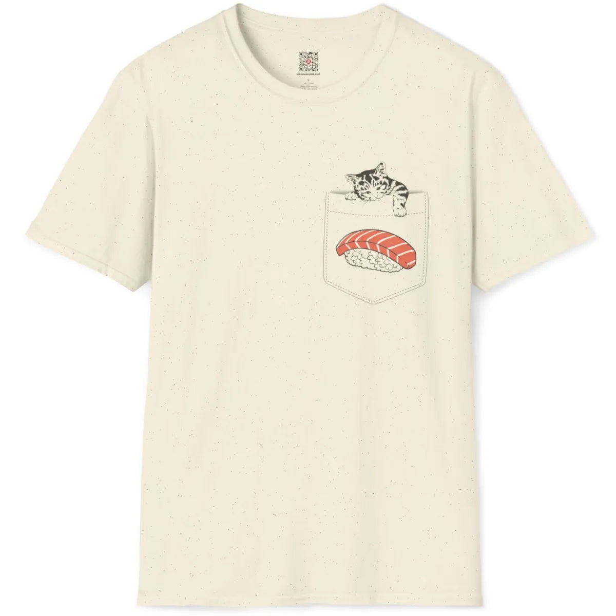 Natural fabric flatlay with playful gray kitten and bright salmon nigiri sushi nestled in outlined pocket design.