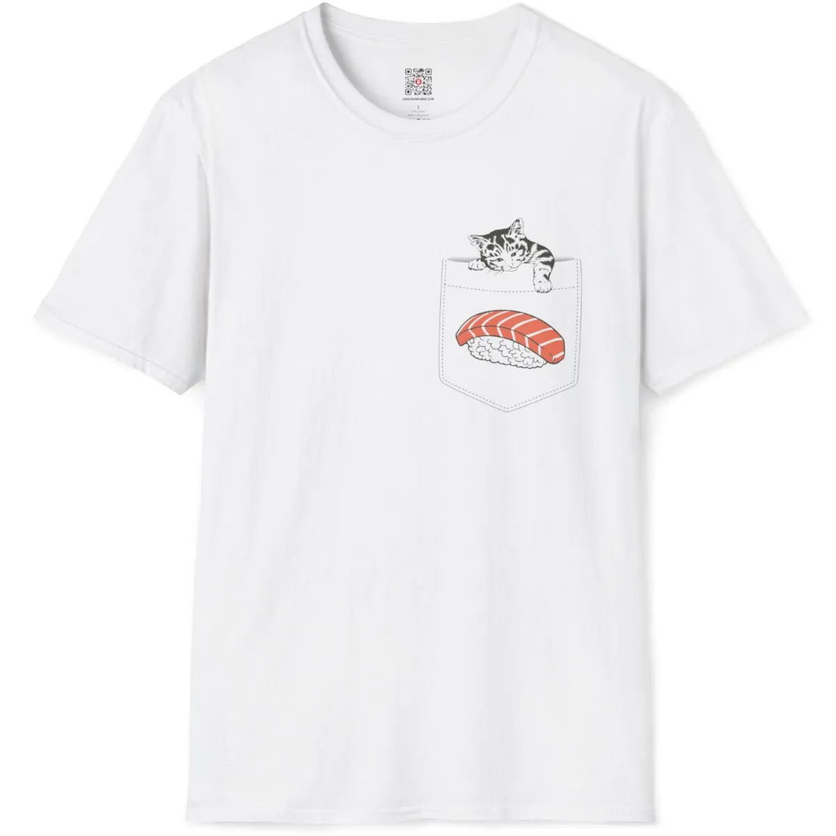White t-shirt flatlay shows pocket design with gray kitten and bright orange salmon nigiri, embroidery look.