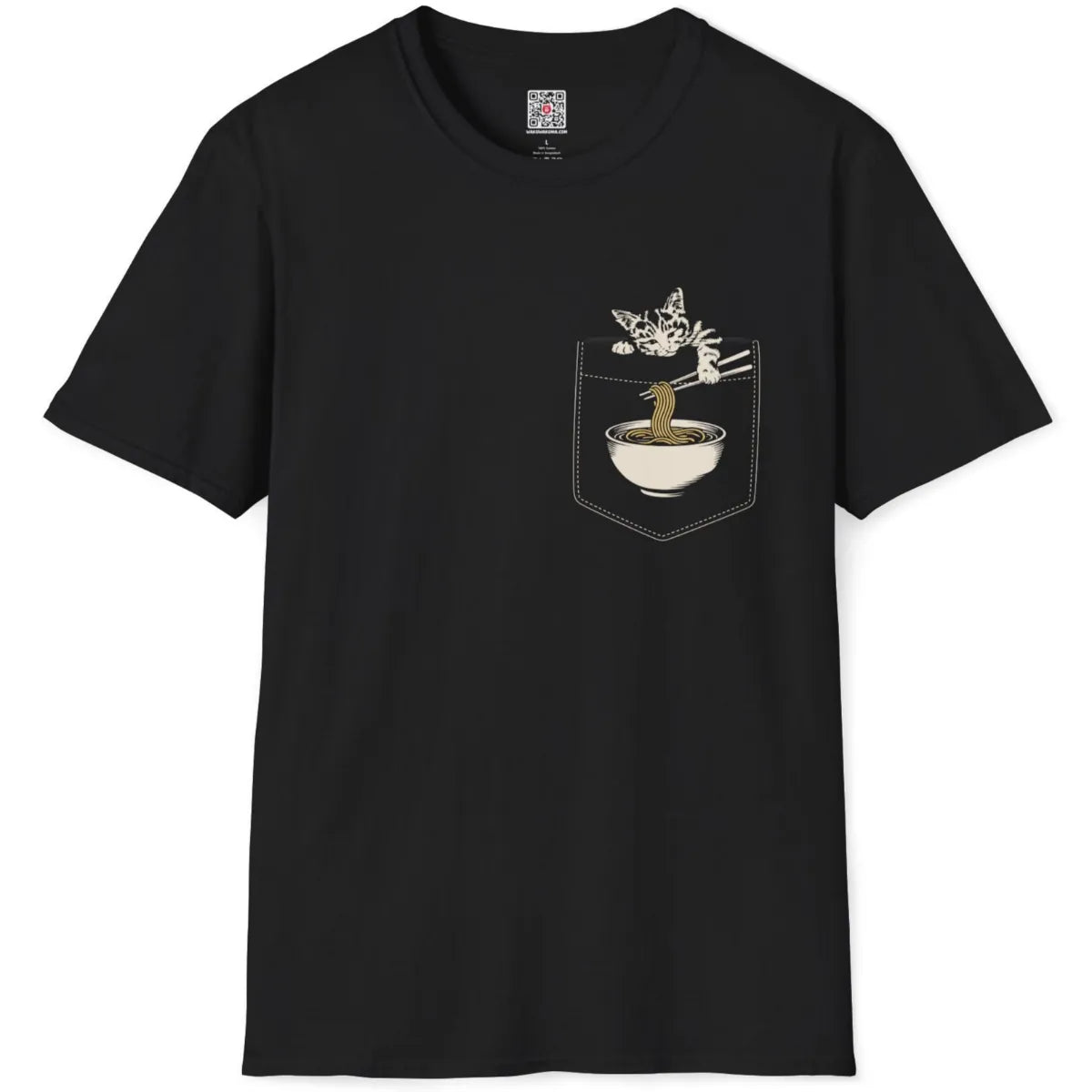 Black t-shirt flatlay, tabby cat with chopsticks lifts ramen from bowl in detailed embroidered-look pocket design.