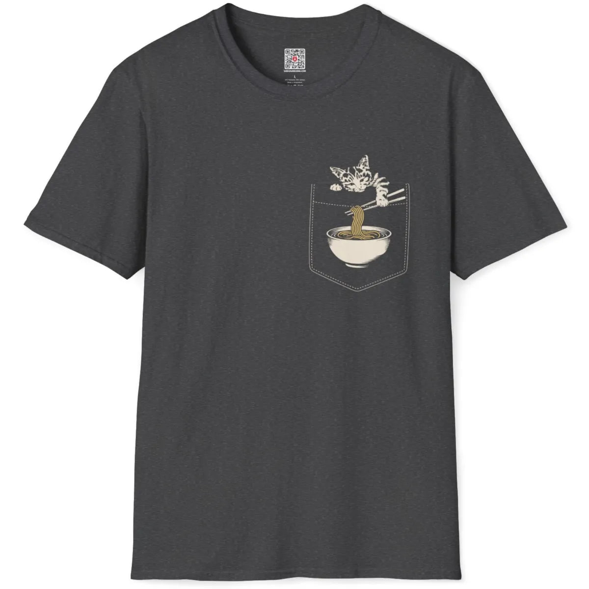 Dark heather shirt flatlay, hand-drawn denim pocket with tabby cat enjoying ramen, cartoonish cozy style.