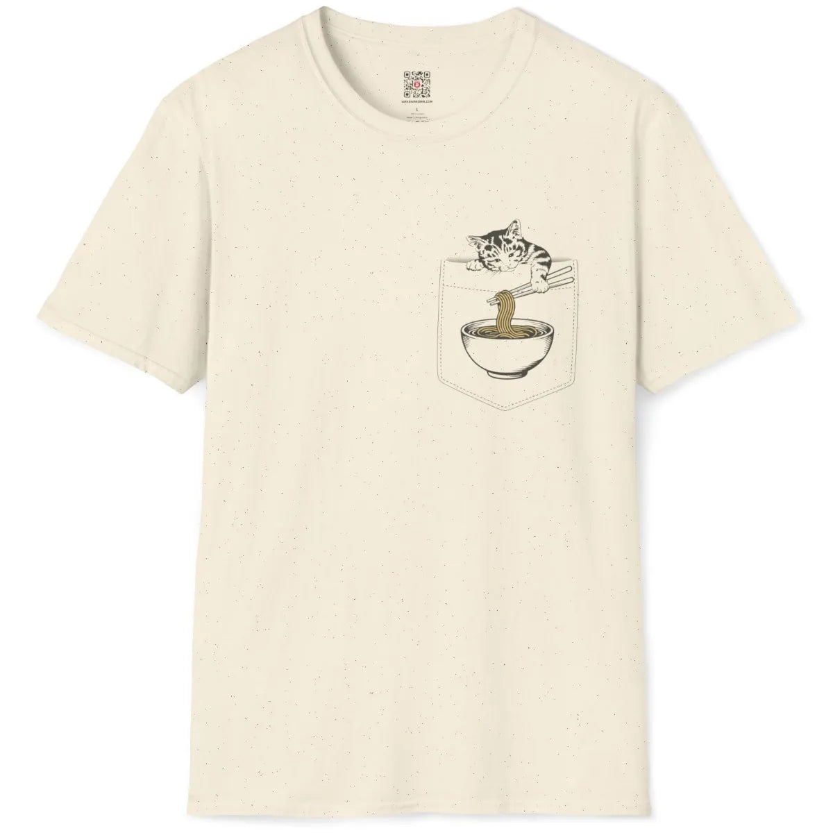 Natural shirt flatlay, expressive kitty grips stitched pocket edge, with noodles and bowl of ramen in soft color.