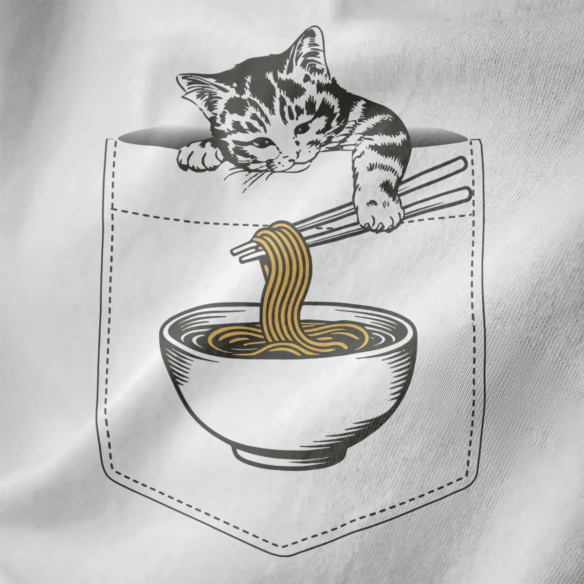White shirt close-up of cartoon tabby cat in stitched denim pocket, lifting golden ramen noodles with chopsticks.