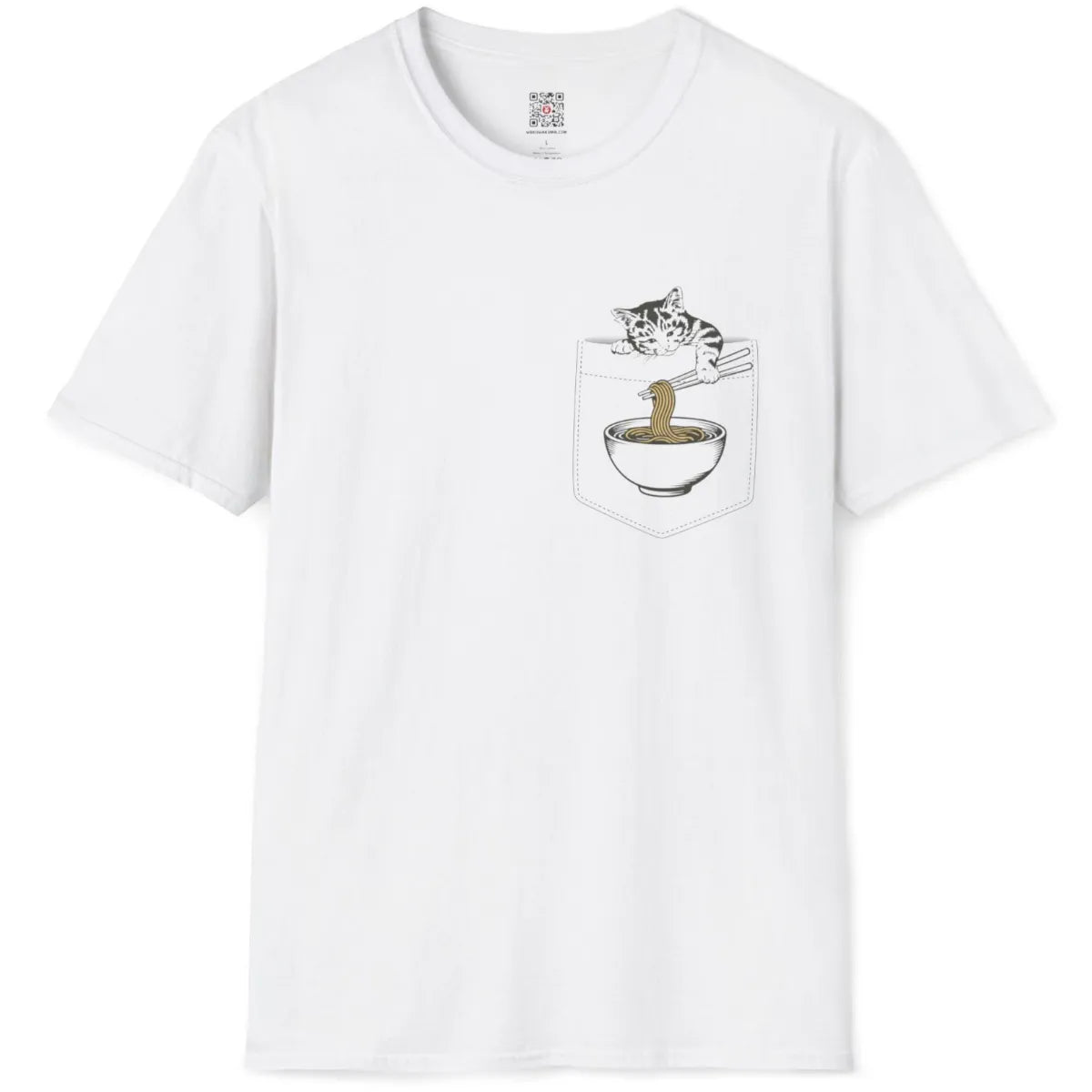 White t-shirt flatlay featuring cute striped cat using chopsticks to eat ramen from bowl in stitched pocket.