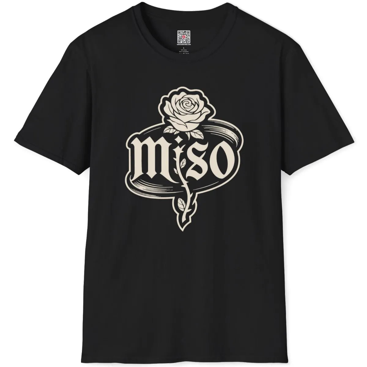 Black t-shirt flatlay displays bold monogram rose in full bloom, oval frame and vintage miso text, statement shirt.
