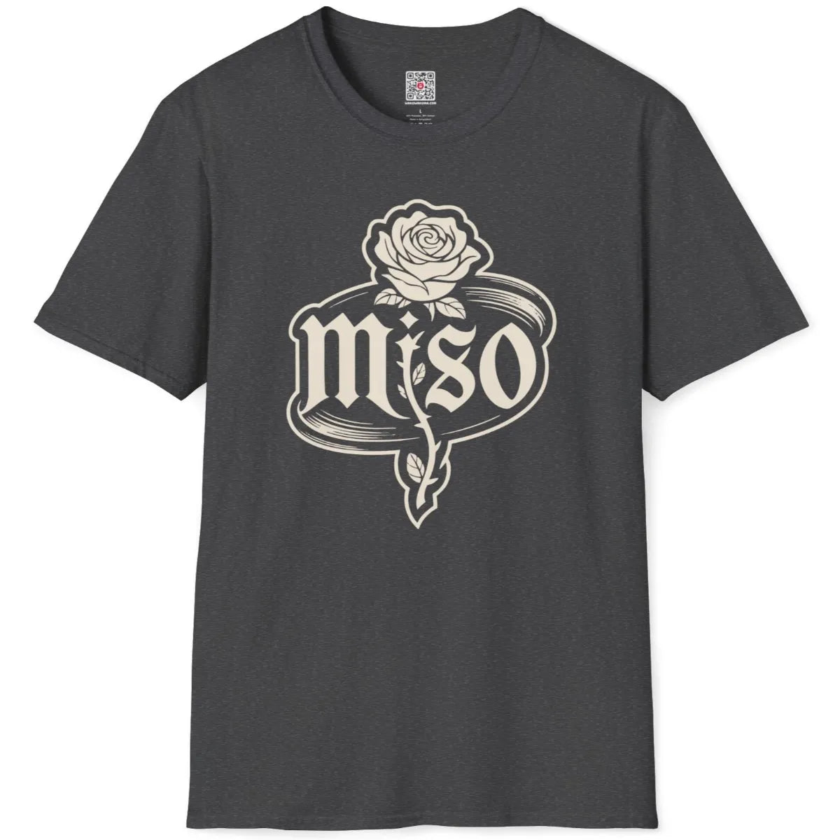 Dark heather shirt with hand-drawn rose, leaves, gothic miso text in vintage line art oval, bold and artistic.