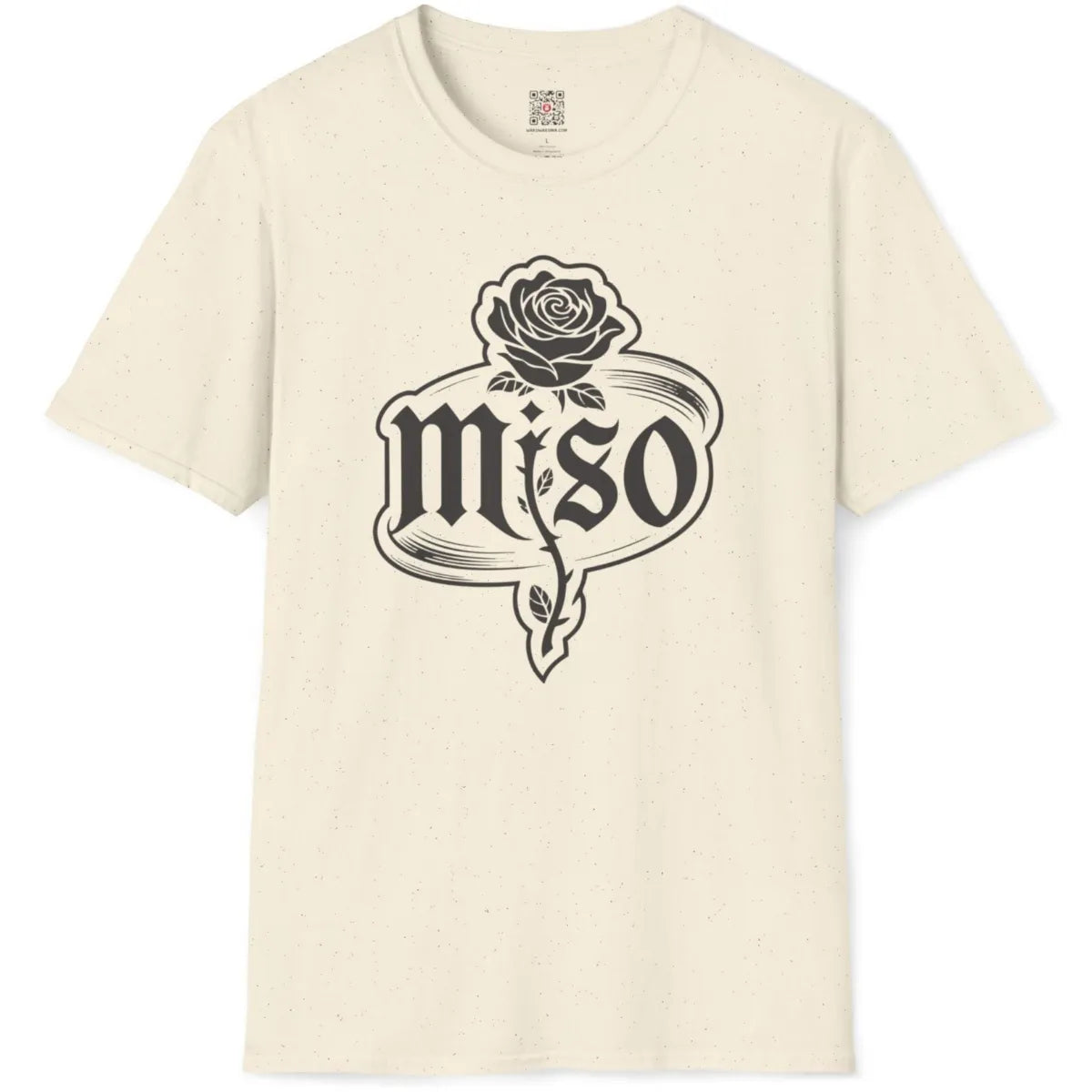 Natural t-shirt flatlay, detailed monochrome rose and distressed miso gothic font, minimalist vintage design.