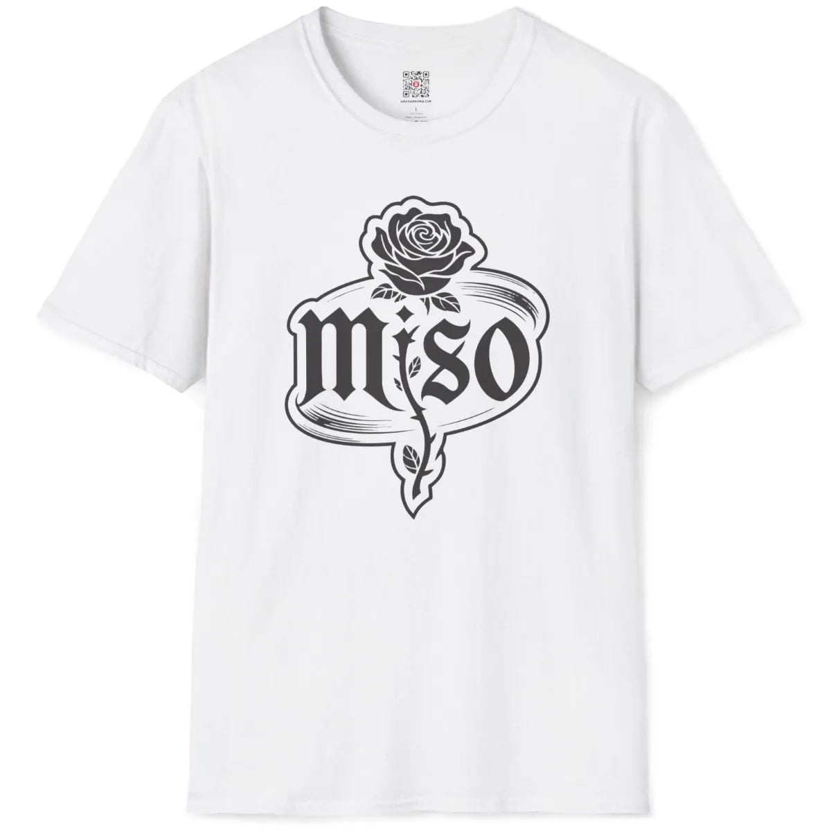 White flatlay features intricate rose drawing, gothic serif miso lettering in textured sketch frame, minimalist style.