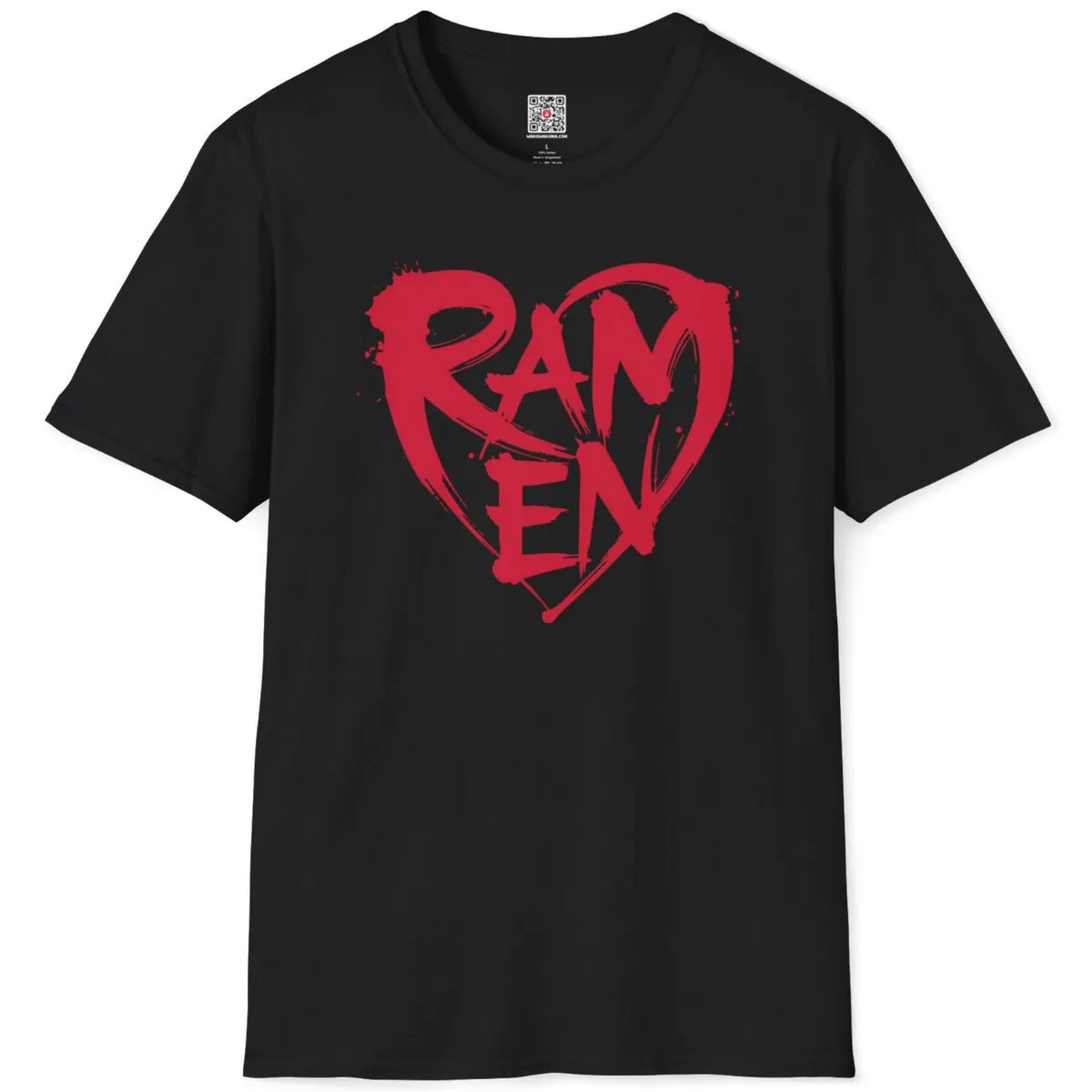 Black t-shirt flatlay showing vivid red ramen text in brushstroke heart, creative streetwear design.