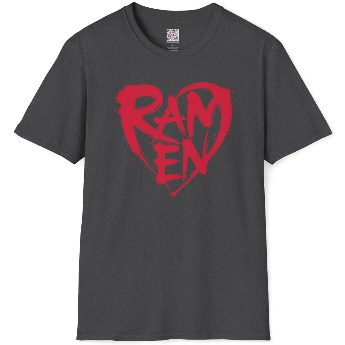 Dark heather t-shirt flatlay featuring gritty red RAMEN heart graffiti, paint splatter, and hand-drawn typography.