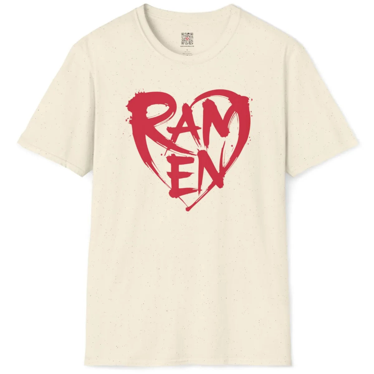 Natural t-shirt flatlay with brushstroke red "RAMEN" heart, playful street style Japanese graphic design.