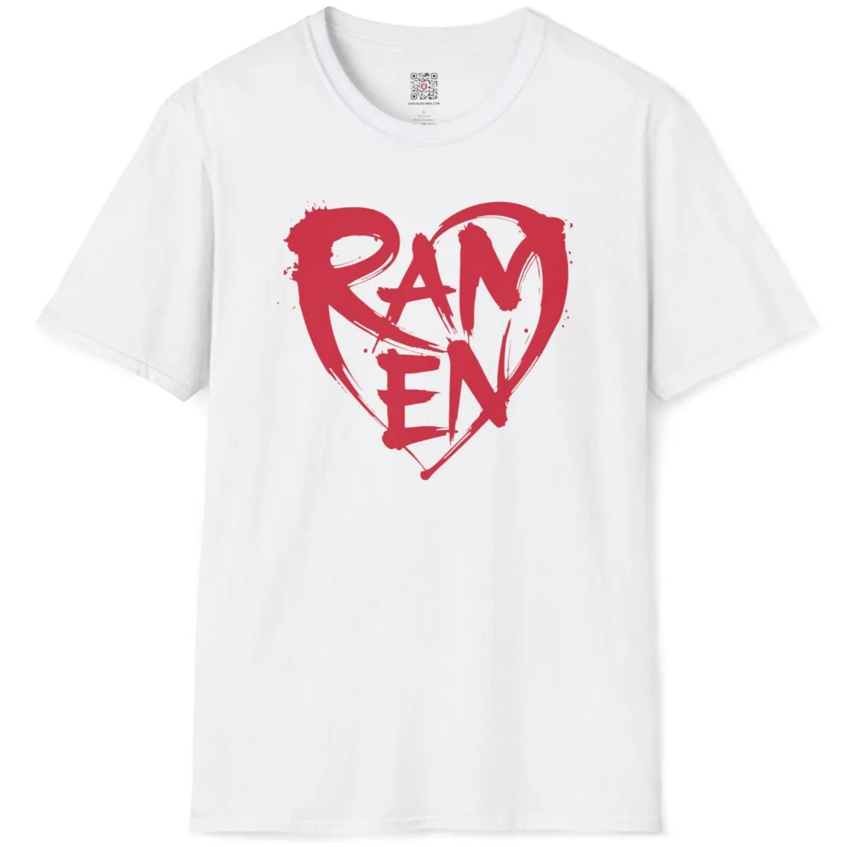 Flatlay of white t-shirt with red "RAMEN" paint splatter heart, bold text, inspired by Japanese streetwear.