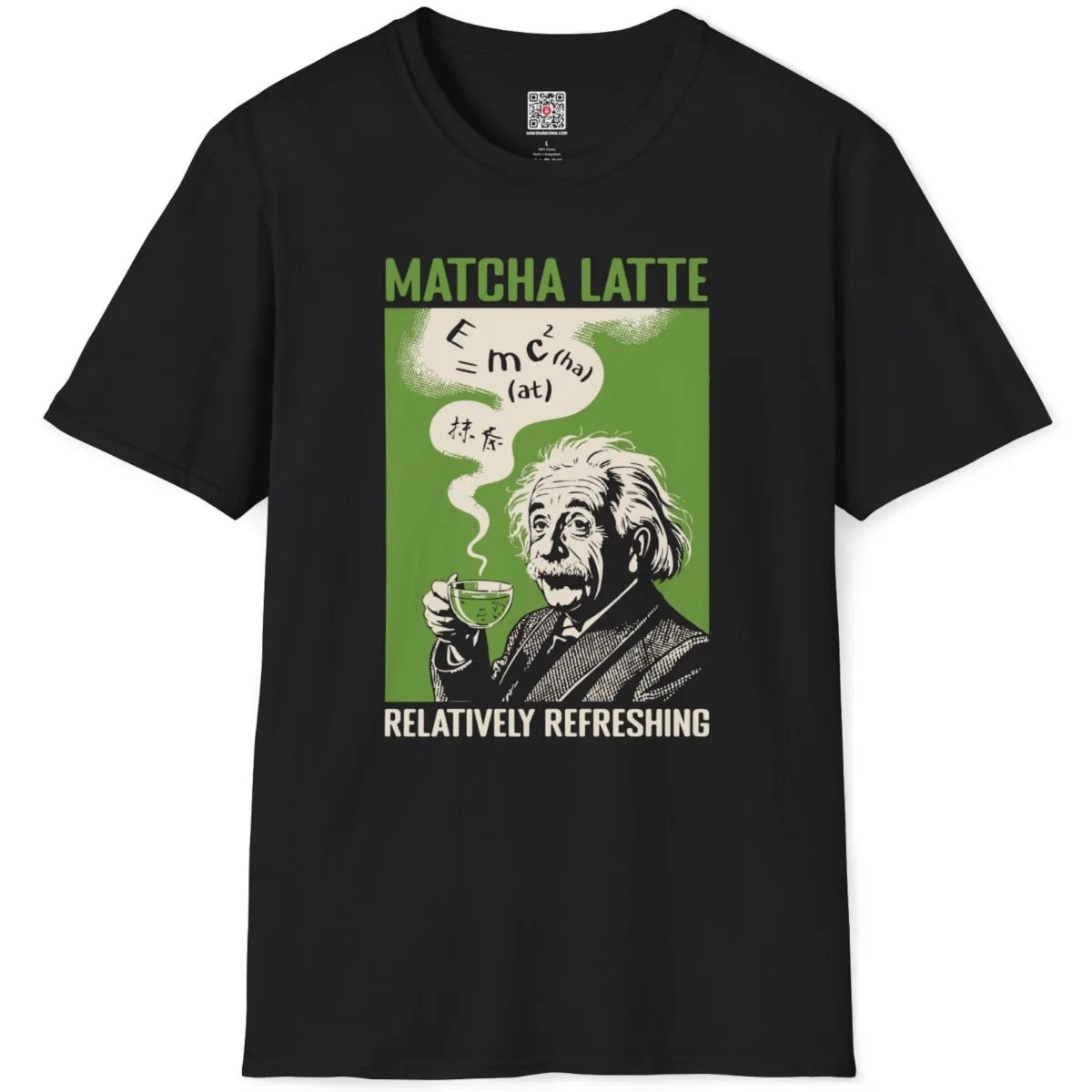 Flatlay black t-shirt featuring bold Einstein figure with matcha latte, vintage poster font, contrast art.