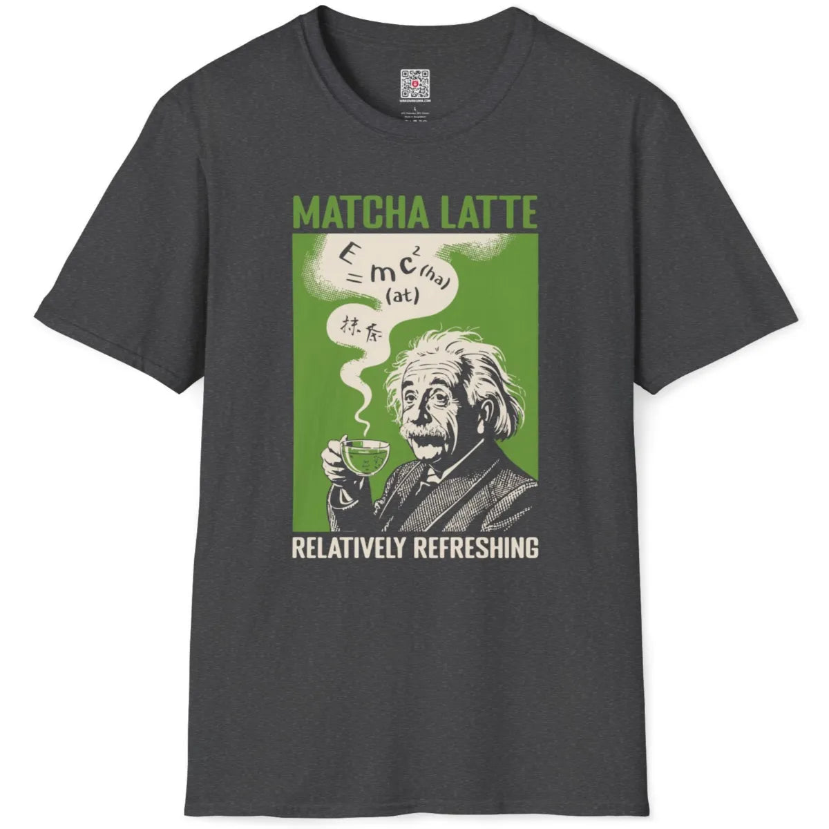 Flatlay dark heather shirt with line art Einstein, matcha, and halftone green poster background, retro style.