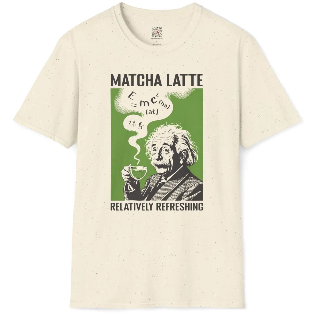 Flatlay natural t-shirt, Einstein holding matcha latte, chunky font, playful science and culture fusion.
