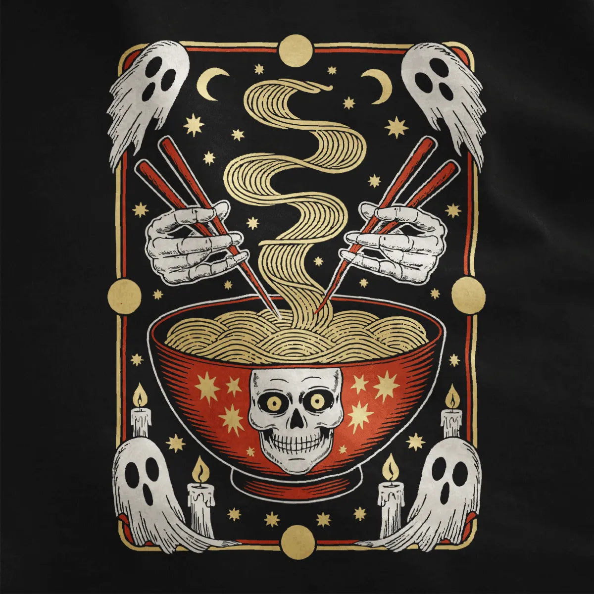 Red bowl of ramen, skeleton hands, and cartoon ghosts on black fabric, spooky halloween streetwear.