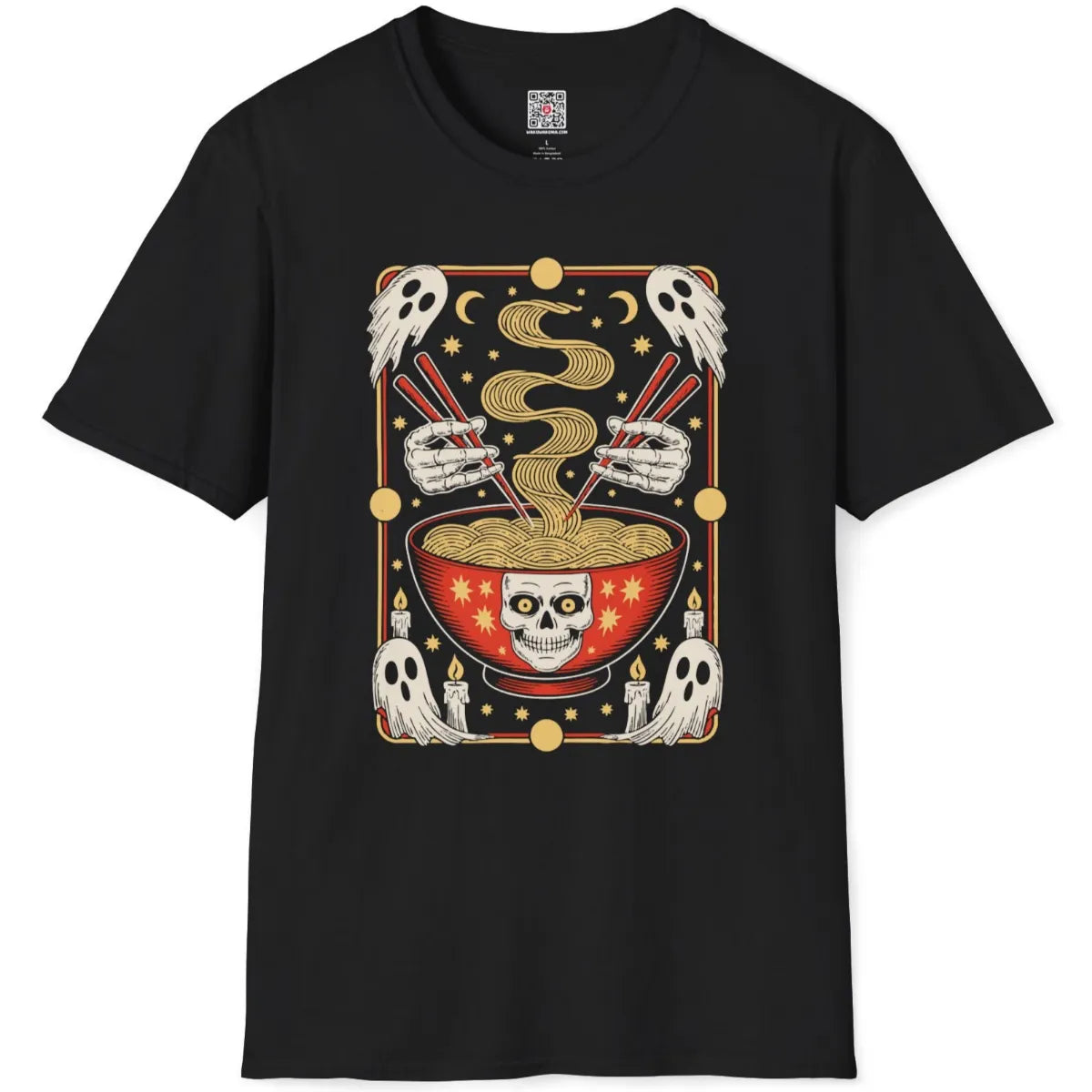 Flatlay black t-shirt featuring skeleton hands, red ramen bowl, ghosts, and yellow stars in a spooky scene.