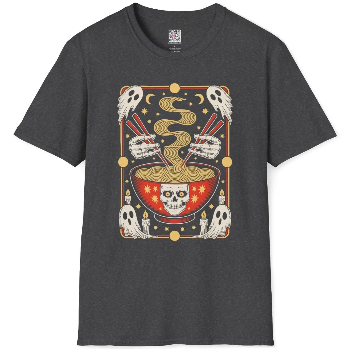 Flatlay dark heather shirt, skeleton hands lifting ramen from red bowl with ghosts, halloween street style.