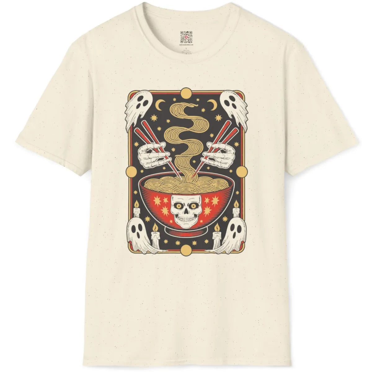 Flatlay natural shirt, cartoon ghosts, skull ramen bowl, skeleton chopsticks, playful spooky design.