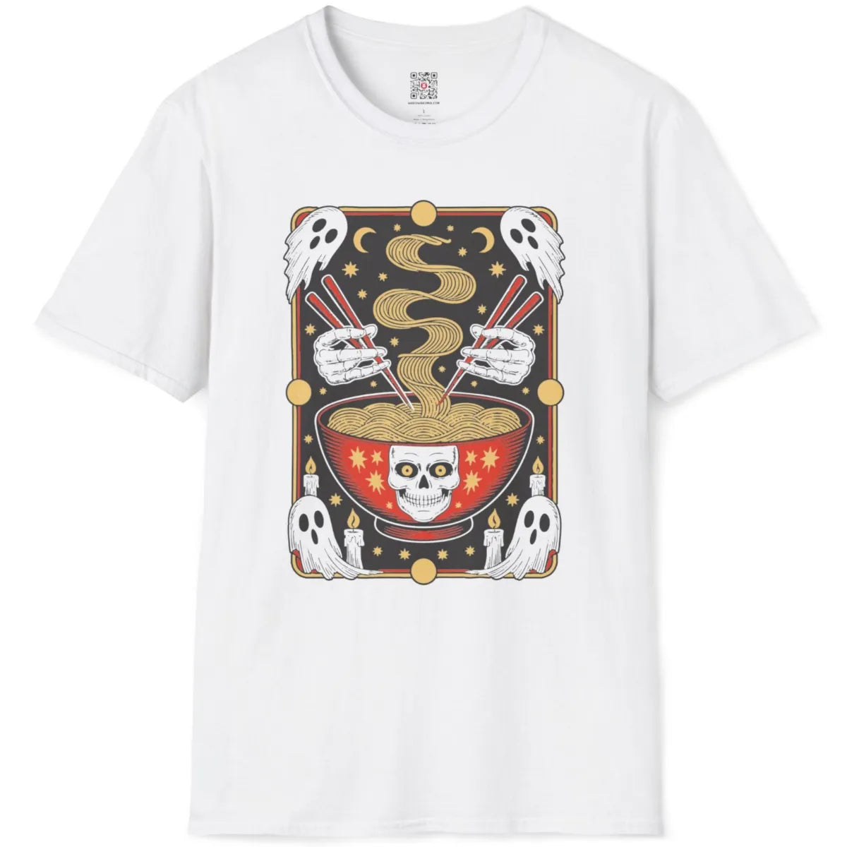 Flatlay white t-shirt with skeleton hands holding ramen, ghostly figures, skull bowl, celestial accents.