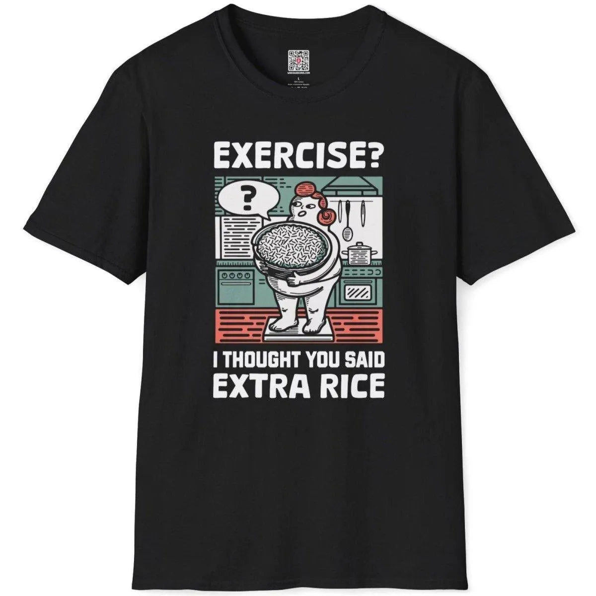 Black flatlay t-shirt, kitchen scene with character and rice bowl, funny shirts with sayings, cultural blend.