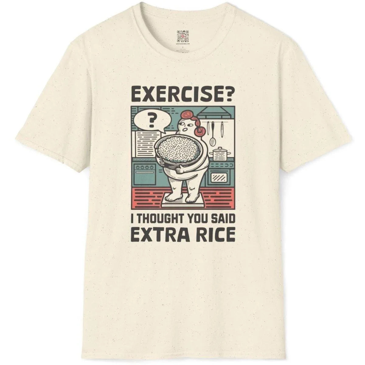 Natural flatlay t-shirt, character with rice bowl in kitchen, humorous quote, retro design.