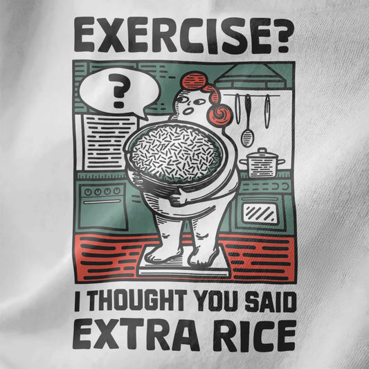 Closeup white fabric, character on scale with rice bowl, bold text, japanese t-shirts, exercise pun.