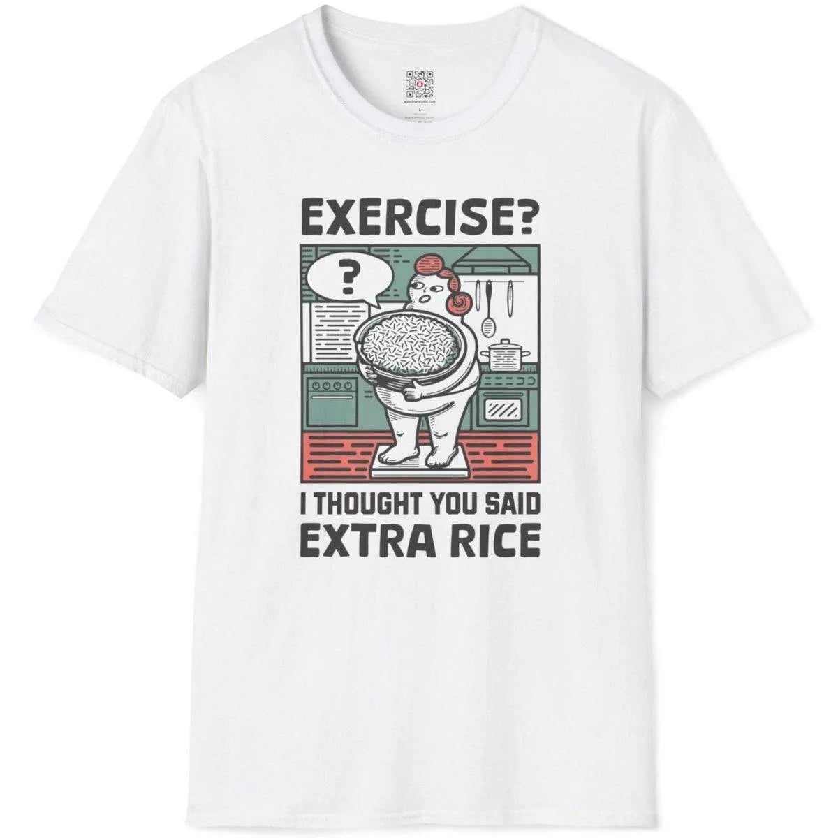 White flatlay t-shirt, “extra rice” kitchen pun, bold text, japanese t-shirts, positive messaging.