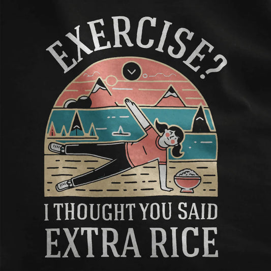 Close-up of playful exercise rice pun design on black shirt, featuring bold contrast and serene landscape.