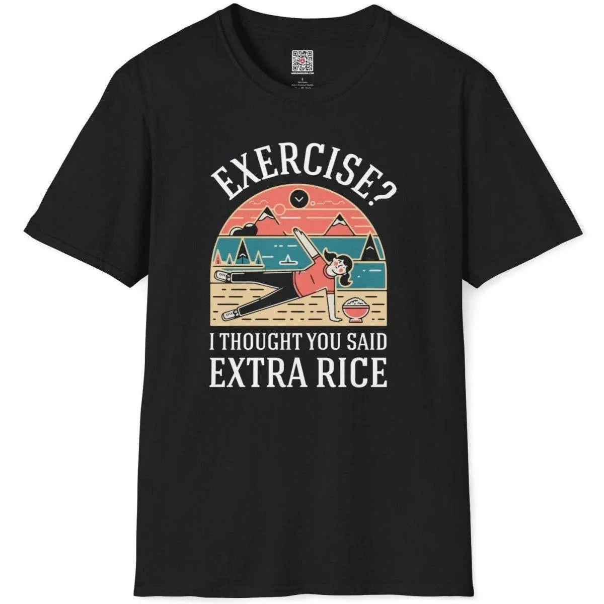 Black flatlay t-shirt with extra rice exercise pun, fusion cuisine motif, and bold contrasting text.
