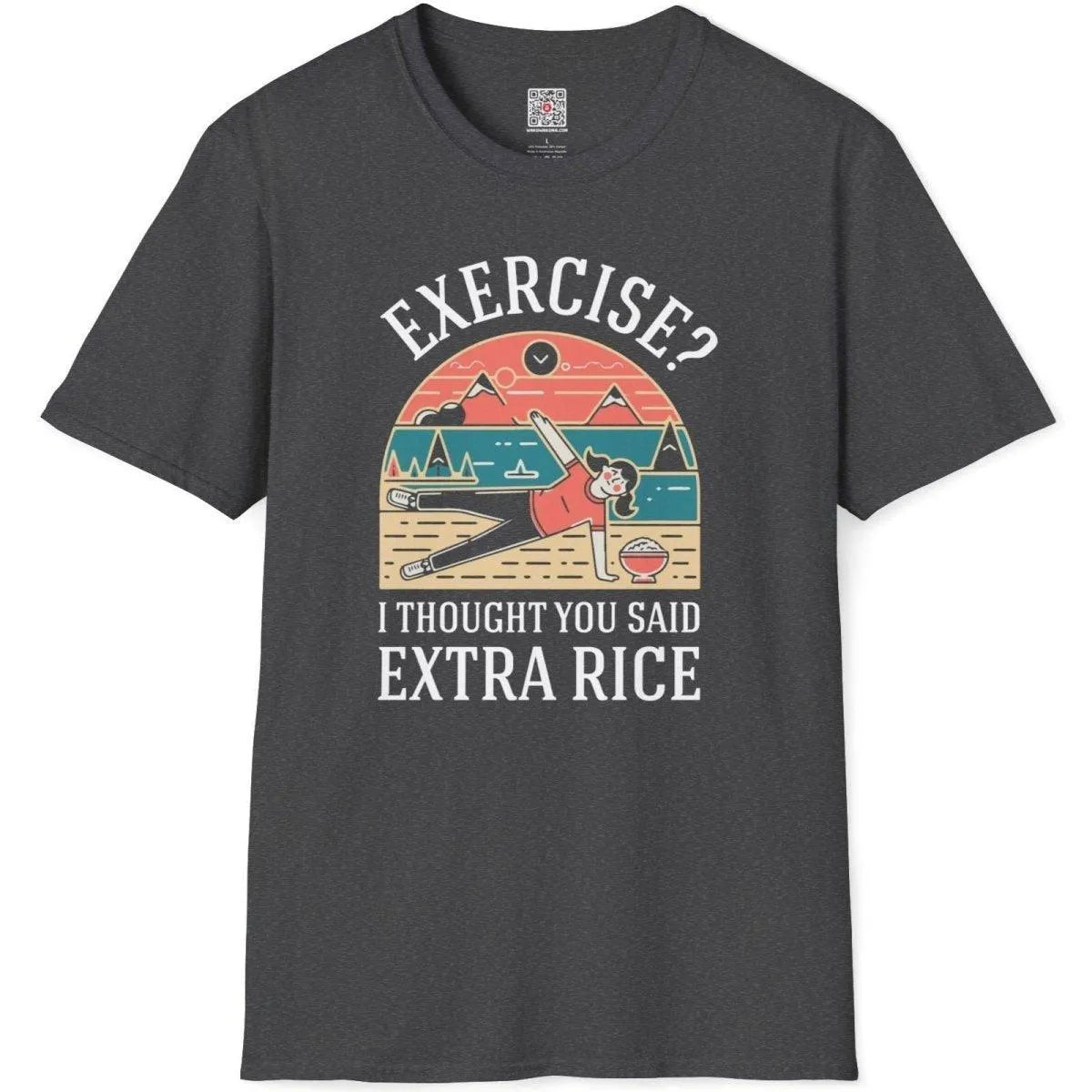 Dark heather t-shirt flatlay with exercise pun, cozy mountain and lake backdrop, and bold black text.