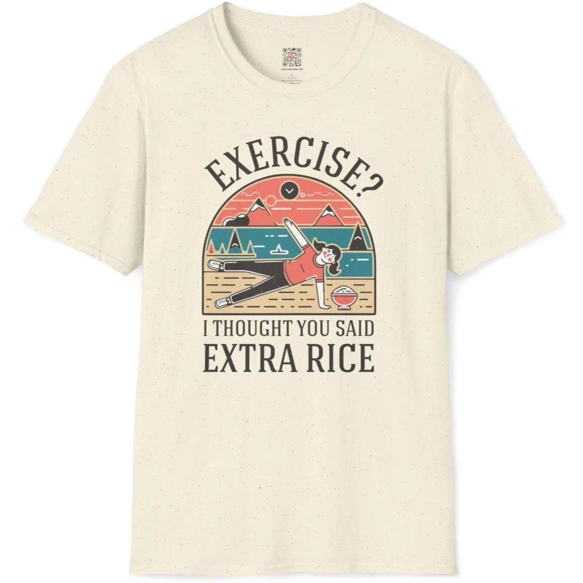 Natural shirt flatlay featuring playful rice bowl character, bold text fonts, and serene scenery.