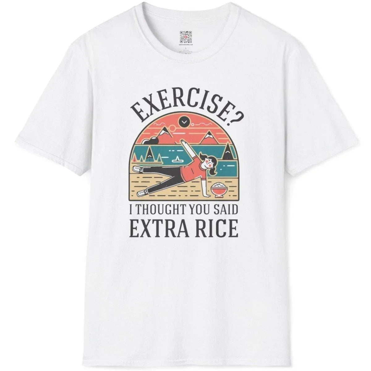 White flatlay t-shirt showing serene landscape, playful character with rice bowl, and humorous quote.