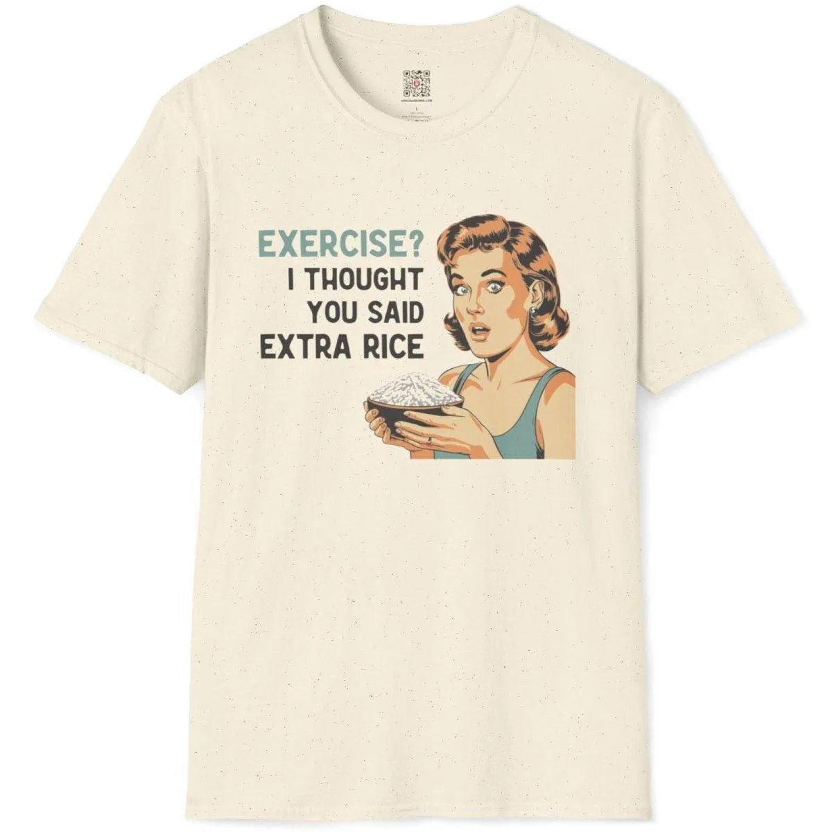 Natural t-shirt flatlay with retro woman holding rice bowl and bold text, japanese t-shirts, vintage aesthetic.