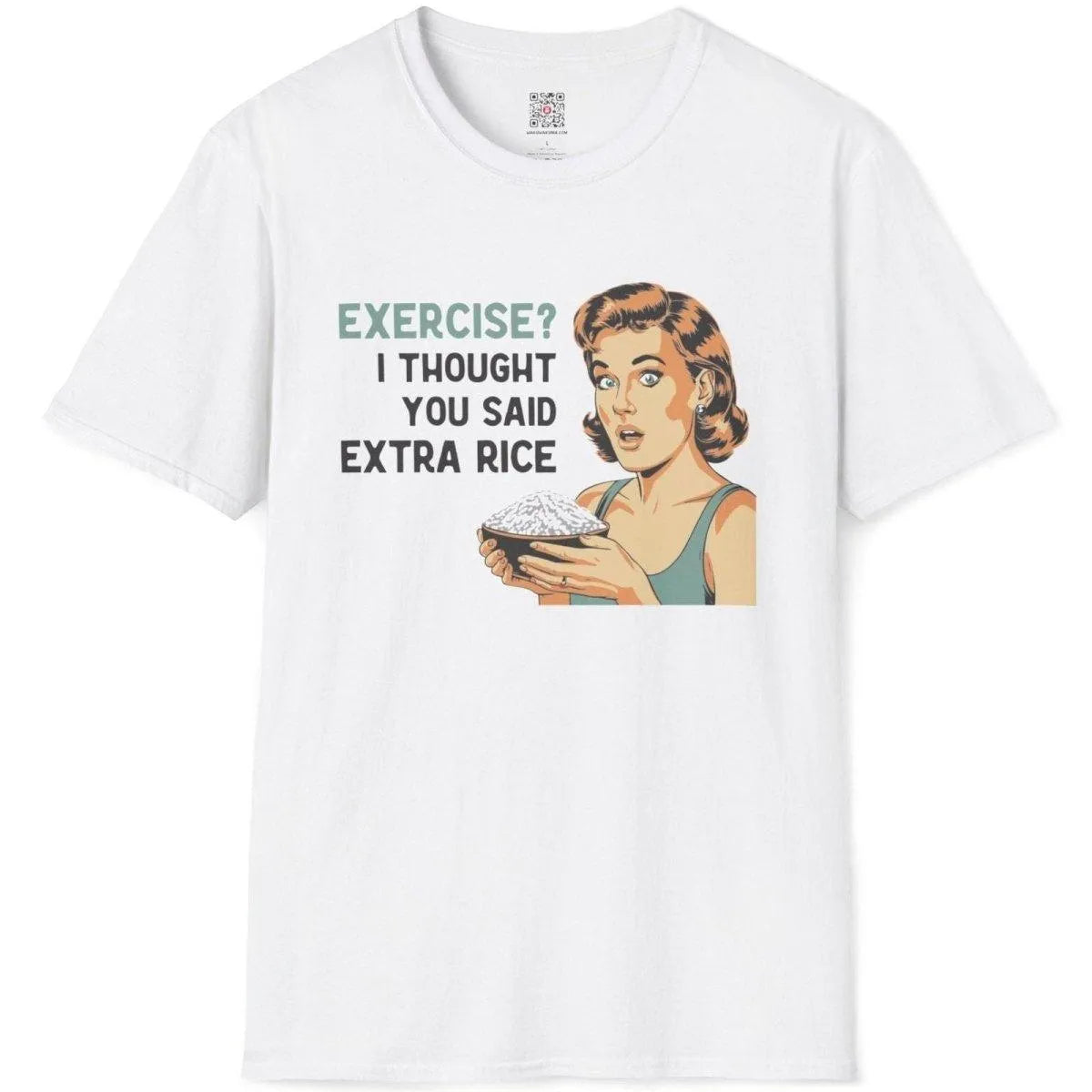 White t-shirt flatlay with retro rice bowl woman and playful exercise pun, japanese t-shirts, humorous quote.