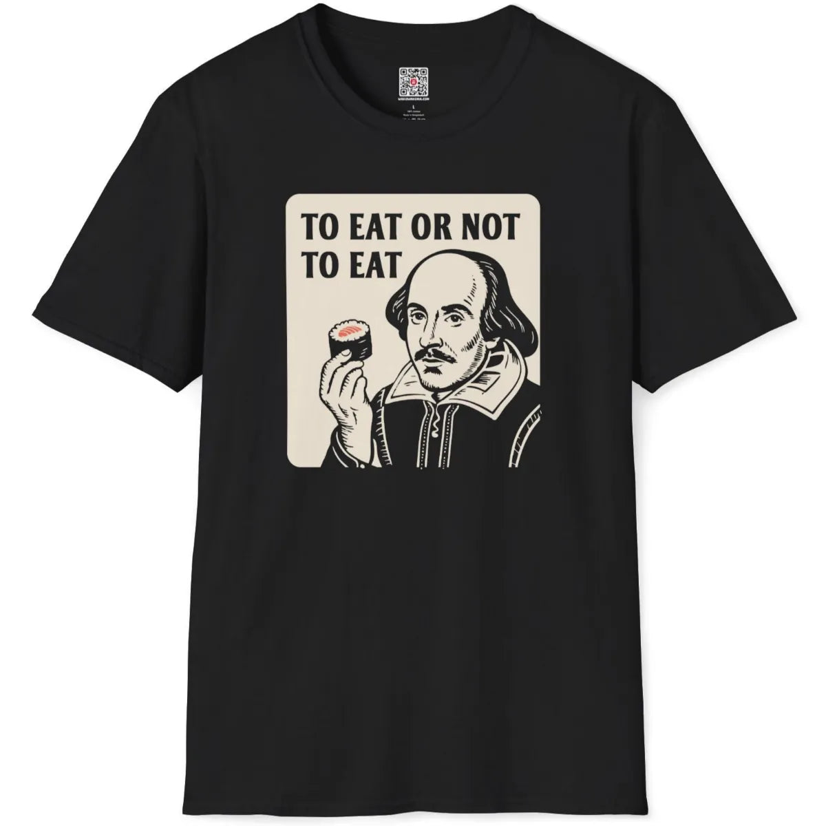 Flatlay black t-shirt, woodcut-style Shakespeare with salmon nigiri, statement shirt, culinary pop art.