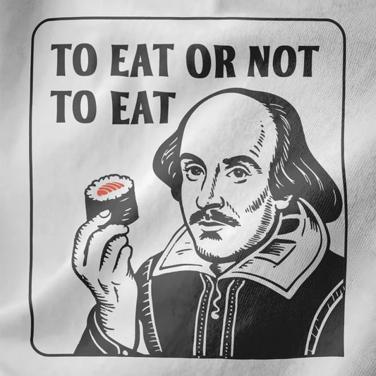 Vintage woodcut portrait of Shakespeare holding salmon nigiri on white fabric, playful sushi culture shirt.