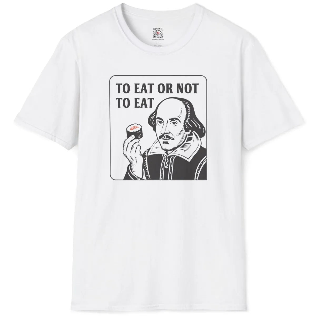 Flatlay white t-shirt featuring Shakespeare holding sushi, bold vintage font, minimalist artistic style.