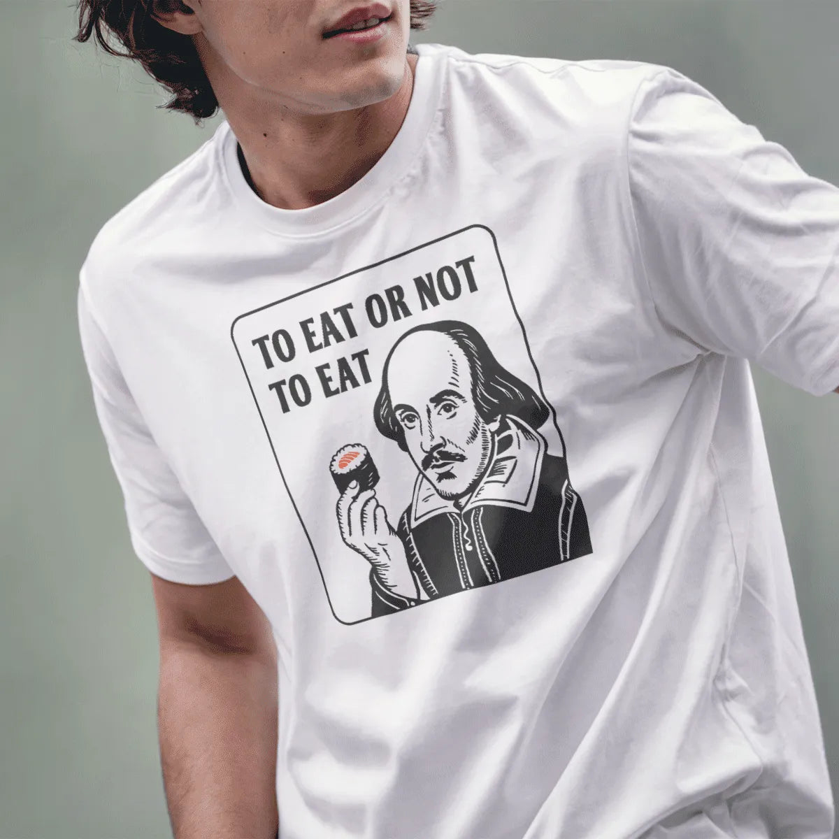Male model in white shirt with vintage Shakespeare holding salmon nigiri and “To Eat or Not To Eat” quote.
