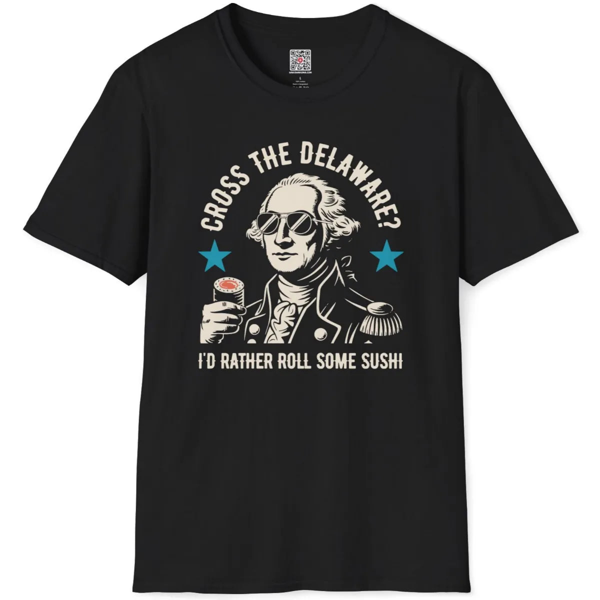 Black flatlay t-shirt with clever sushi pun, historical figure with sunglasses in black and white line art.