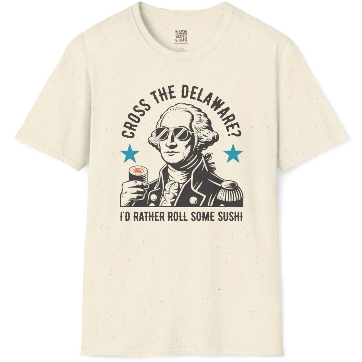 Natural t-shirt flatlay with artistic fusion of Japanese sushi and American colonial imagery in black and white.