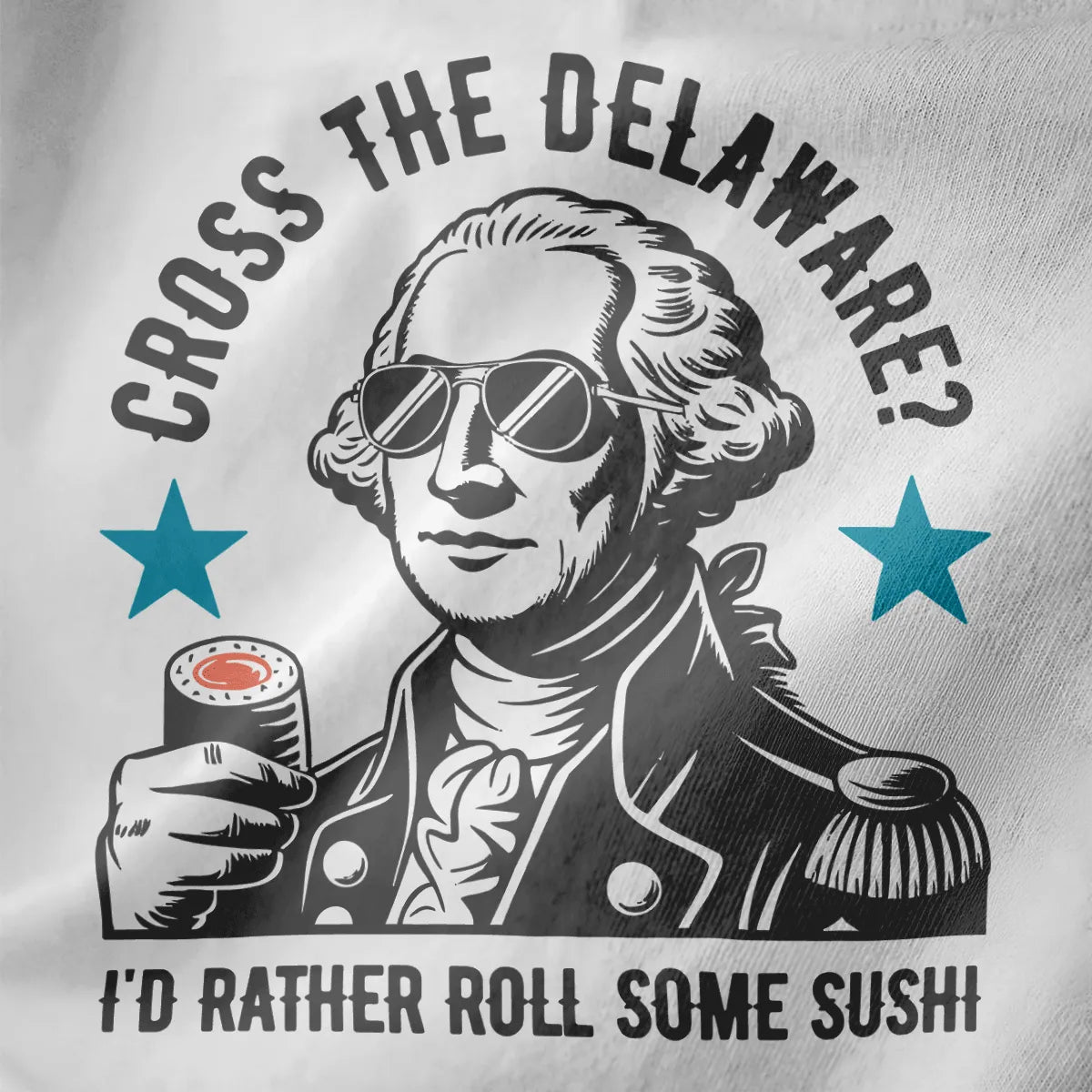 Close-up of white fabric showing black and white graphic of historical figure with sushi, cyan stars.
