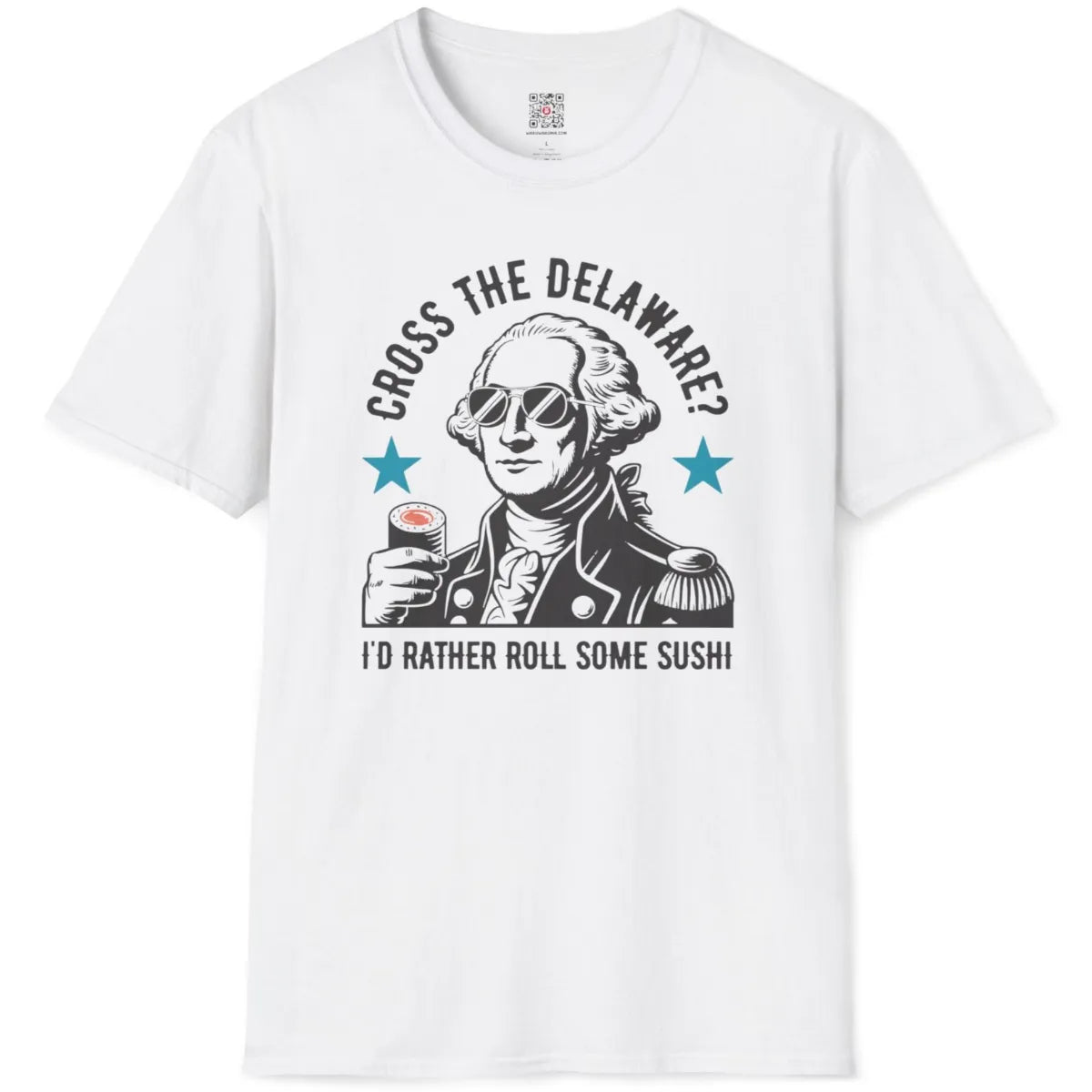 White flatlay shirt featuring graphic of colonial figure holding sushi roll, accented with cyan stars.