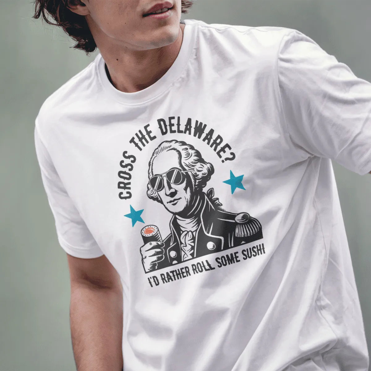 Male model in white shirt wearing line art of a powdered wig figure with sushi and patriotic stars.