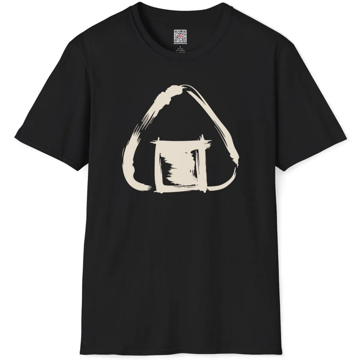 Black t-shirt flatlay with bold sumi-e inspired onigiri illustration rendered in thick brushstroke ink.