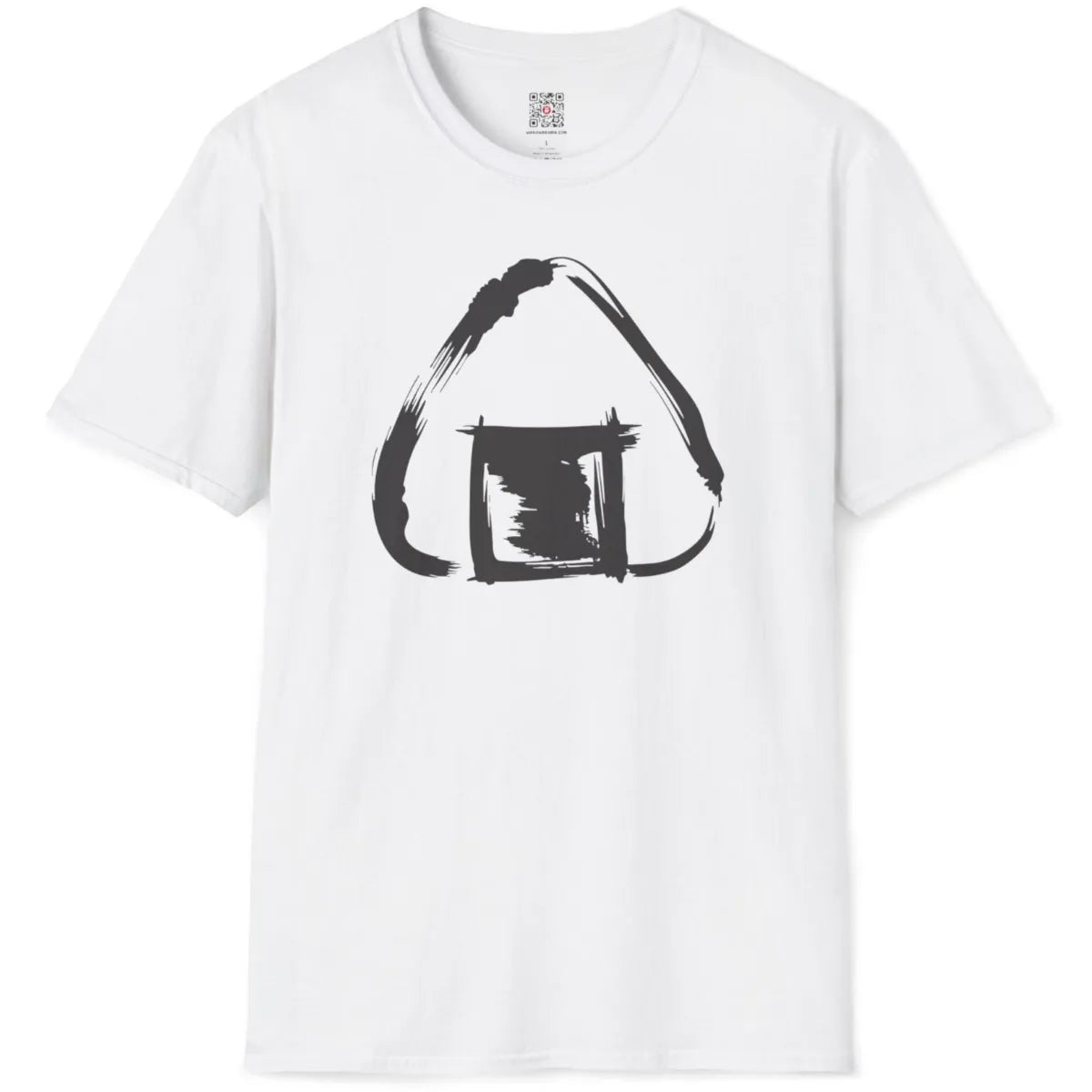 White flatlay shirt with minimalist monochrome onigiri design showing dynamic, splintered brush lines.