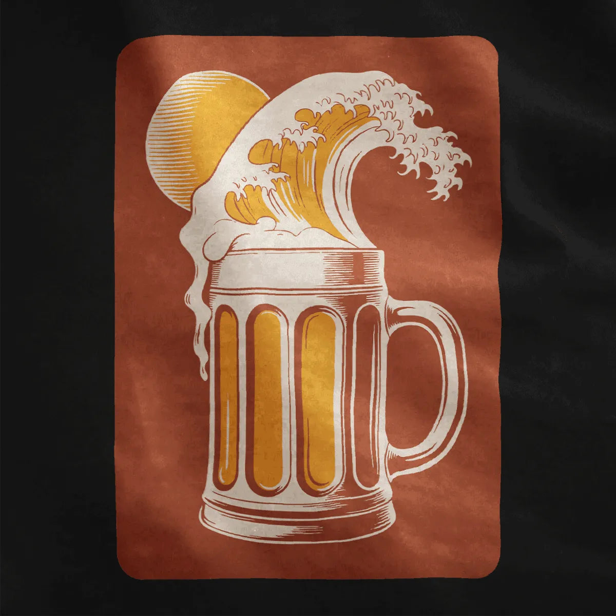 Beige wave with frothy foam merging into beer mug on black fabric close-up, vintage beer shirt style.