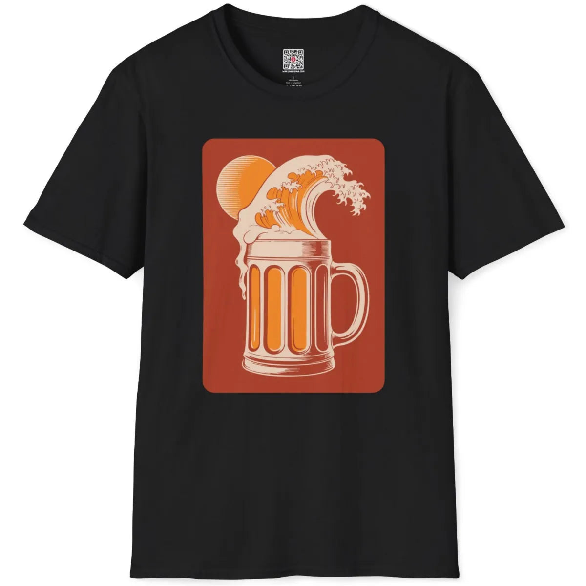 Black t-shirt flatlay featuring ukiyo-e style wave spilling into a beer mug with frothy head.
