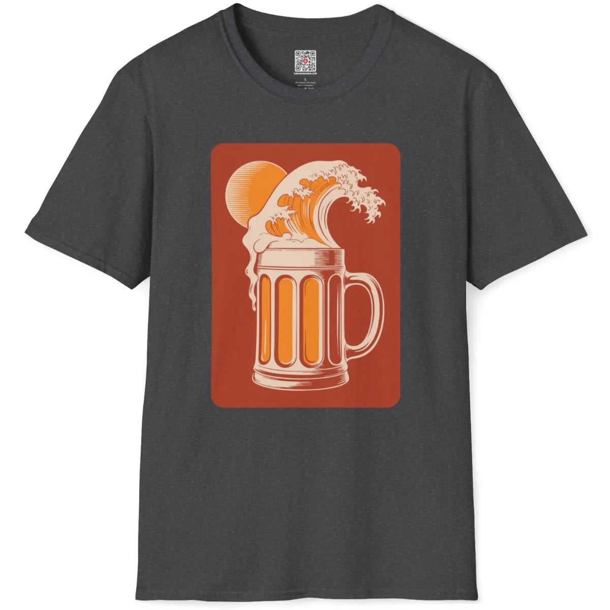 Dark heather t-shirt flatlay showing playful fusion of traditional japanese wave and beer mug design.