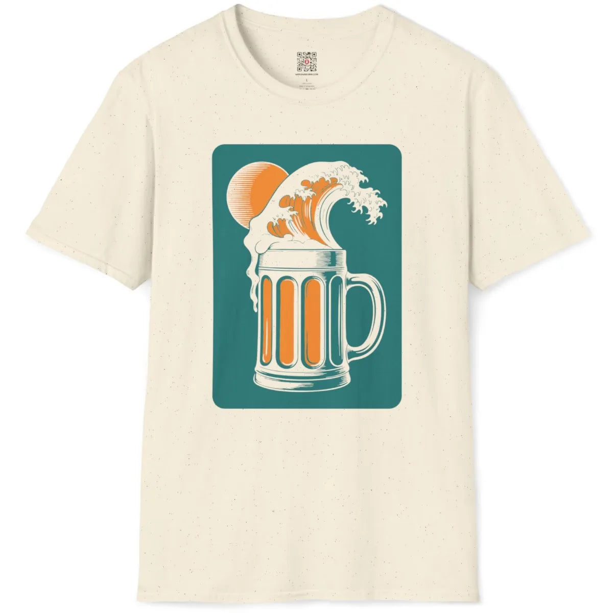 Natural t-shirt flatlay with artistic depiction of a frothy wave and vintage beer mug graphic.